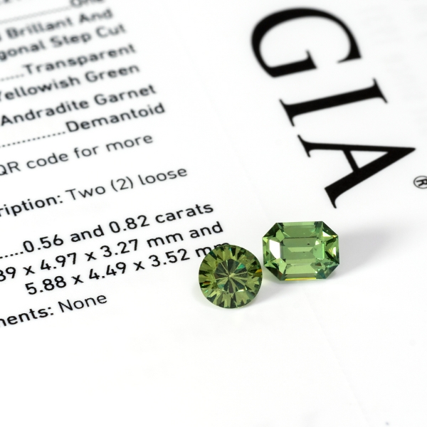 Demantoid Garnet Gemstones 2pc Round and Octagonal 1.38ctw W/ GIA Report G1412060P